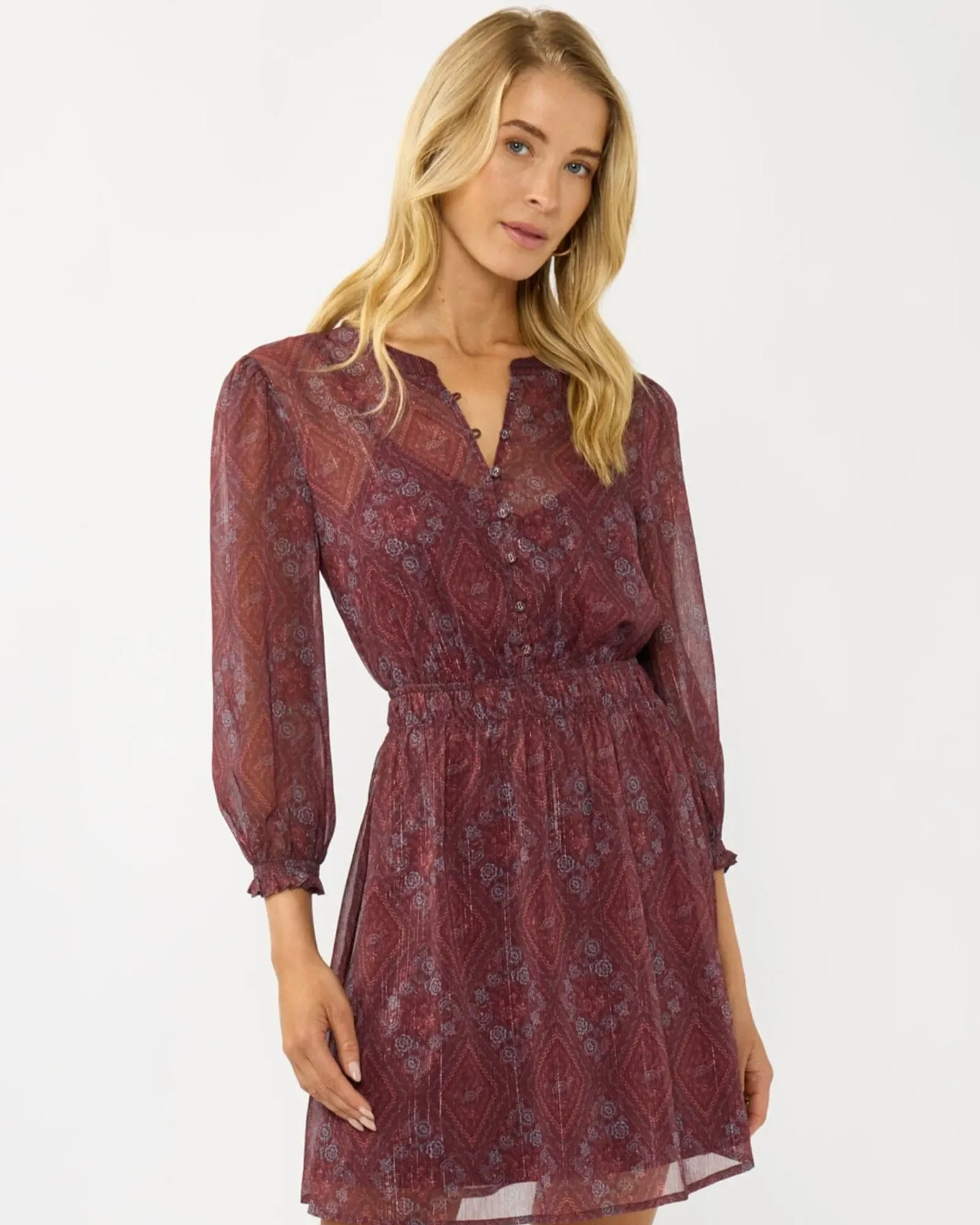 3/4 Sleeve Split Neck Button Front Mini Dress (Wine + Rose)