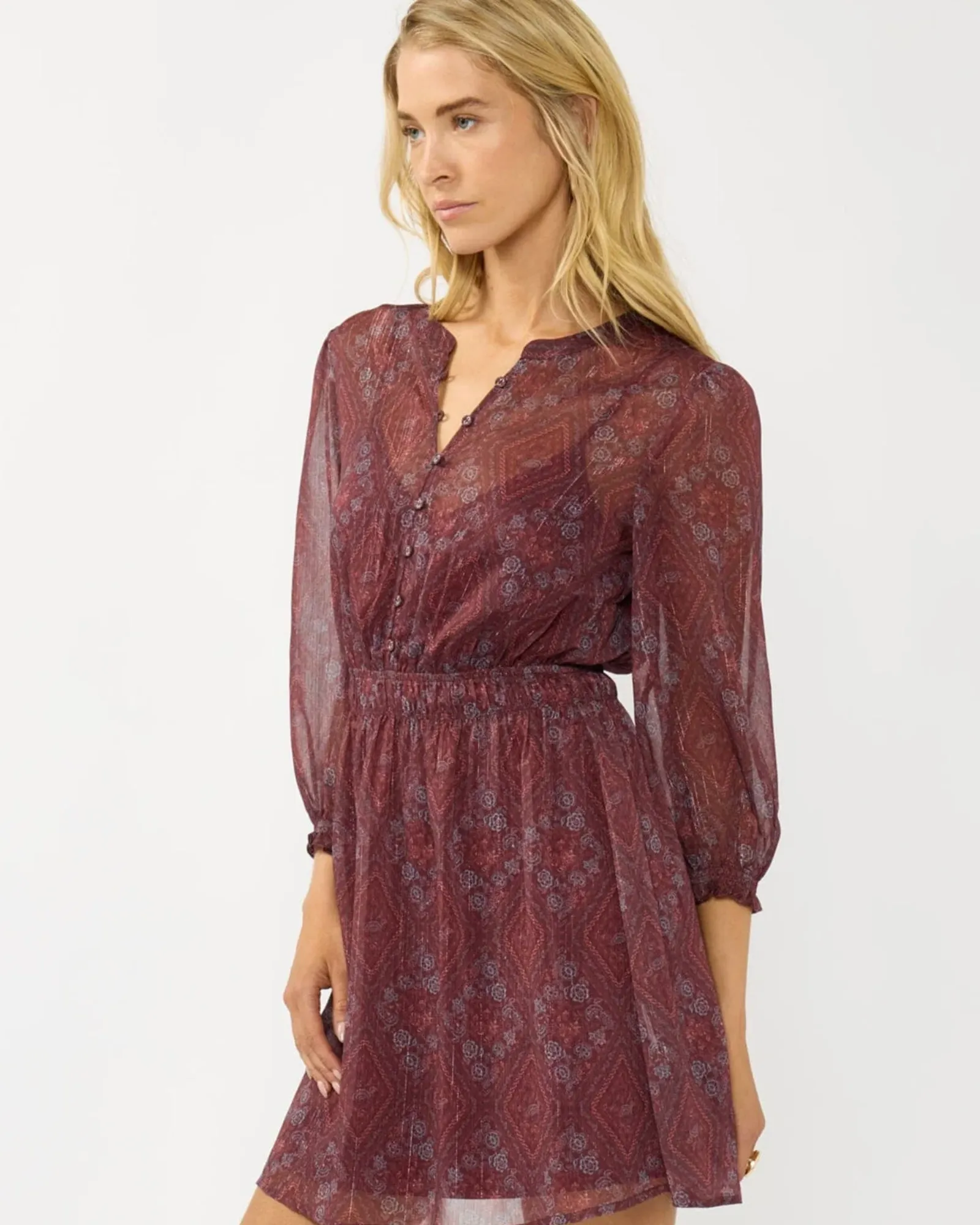 3/4 Sleeve Split Neck Button Front Mini Dress (Wine + Rose) - Image 2
