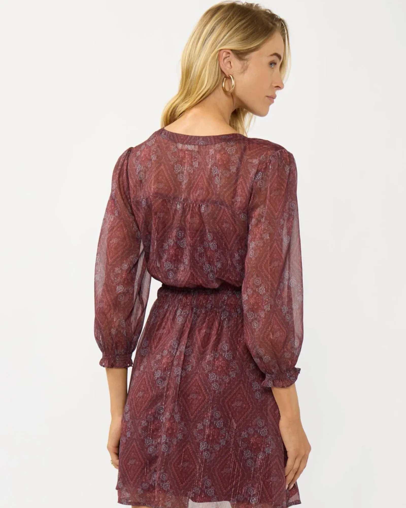 3/4 Sleeve Split Neck Button Front Mini Dress (Wine + Rose) - Image 3