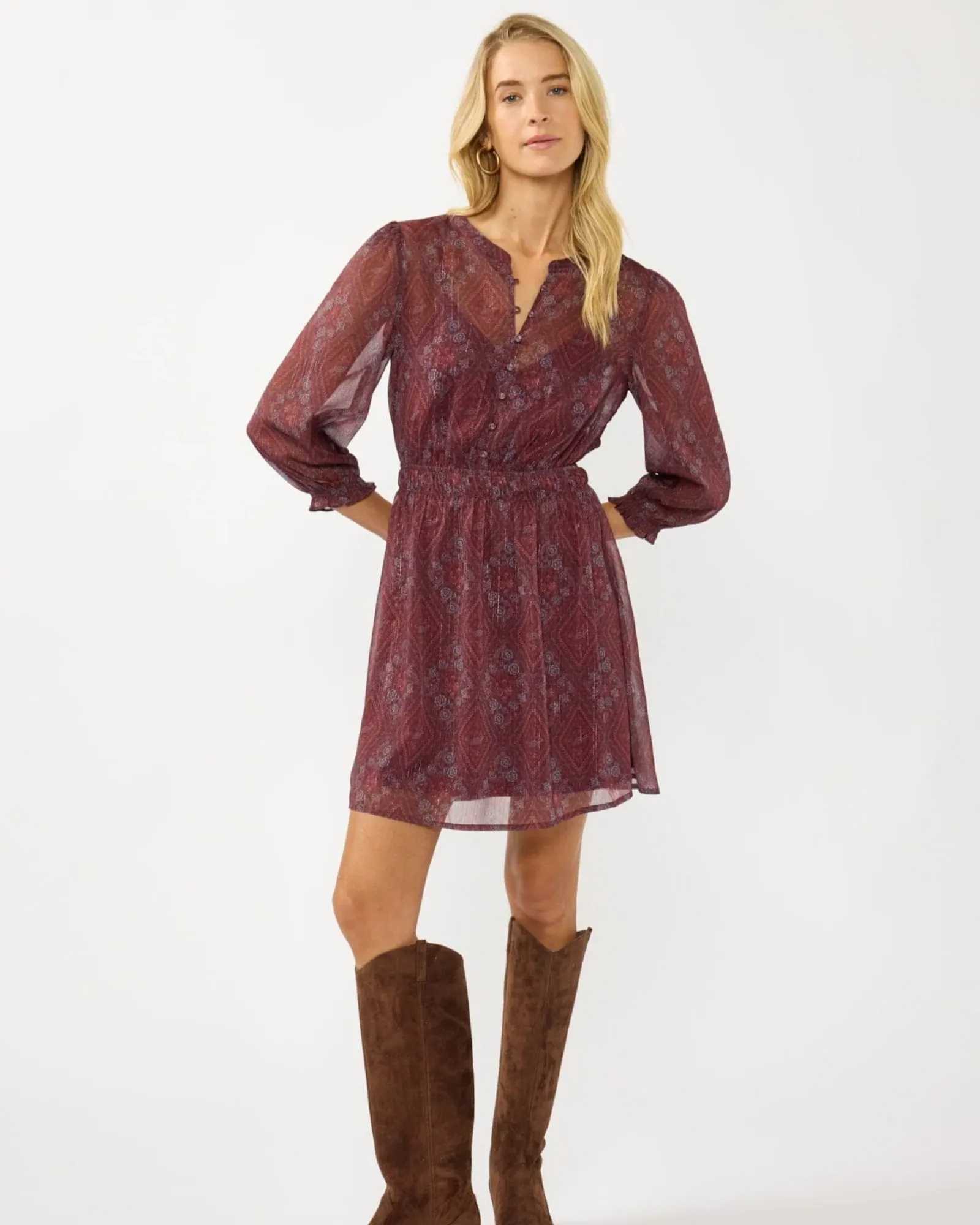 3/4 Sleeve Split Neck Button Front Mini Dress (Wine + Rose) - Image 4