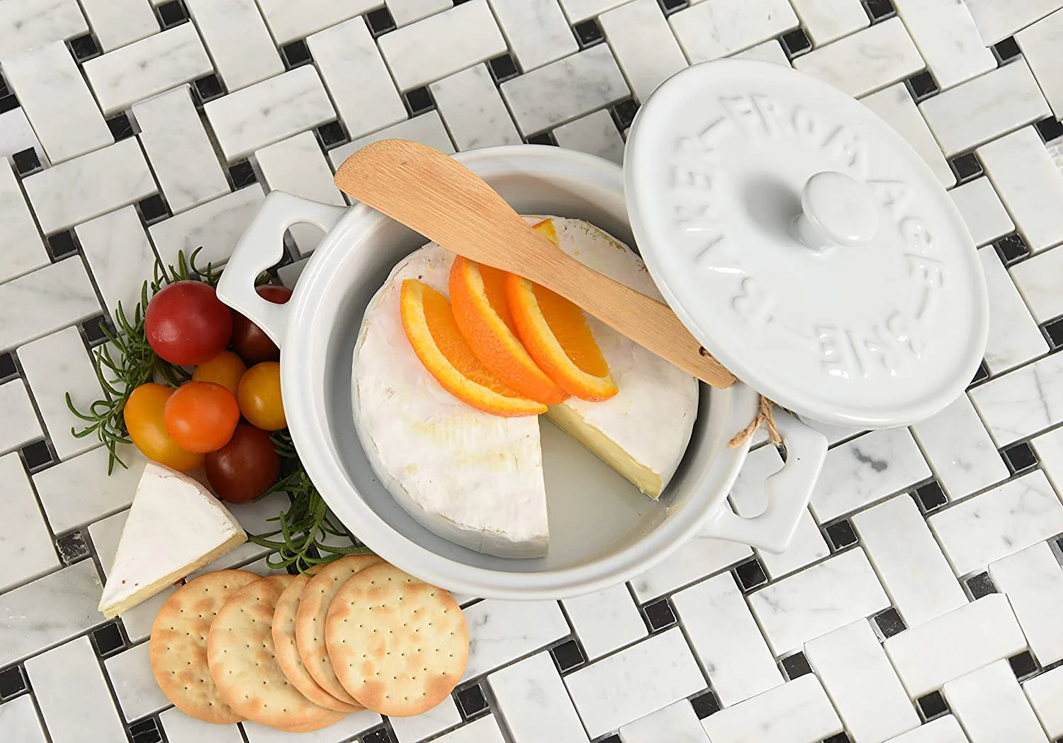 Stoneware Brie Baker W/ Wood Spreader (White) - Image 3