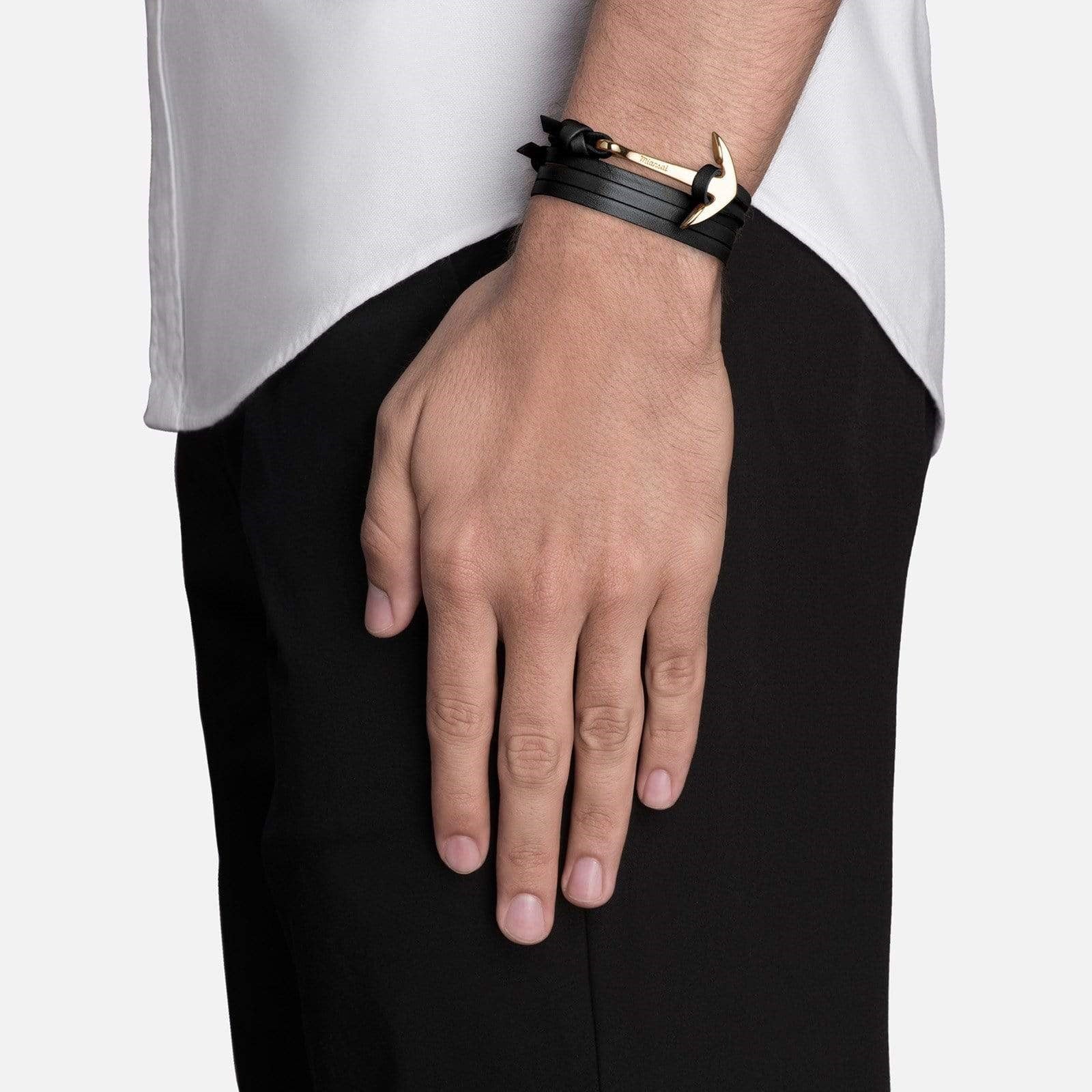 Anchor on Leather Bracelet (Black + Gold) - Image 2