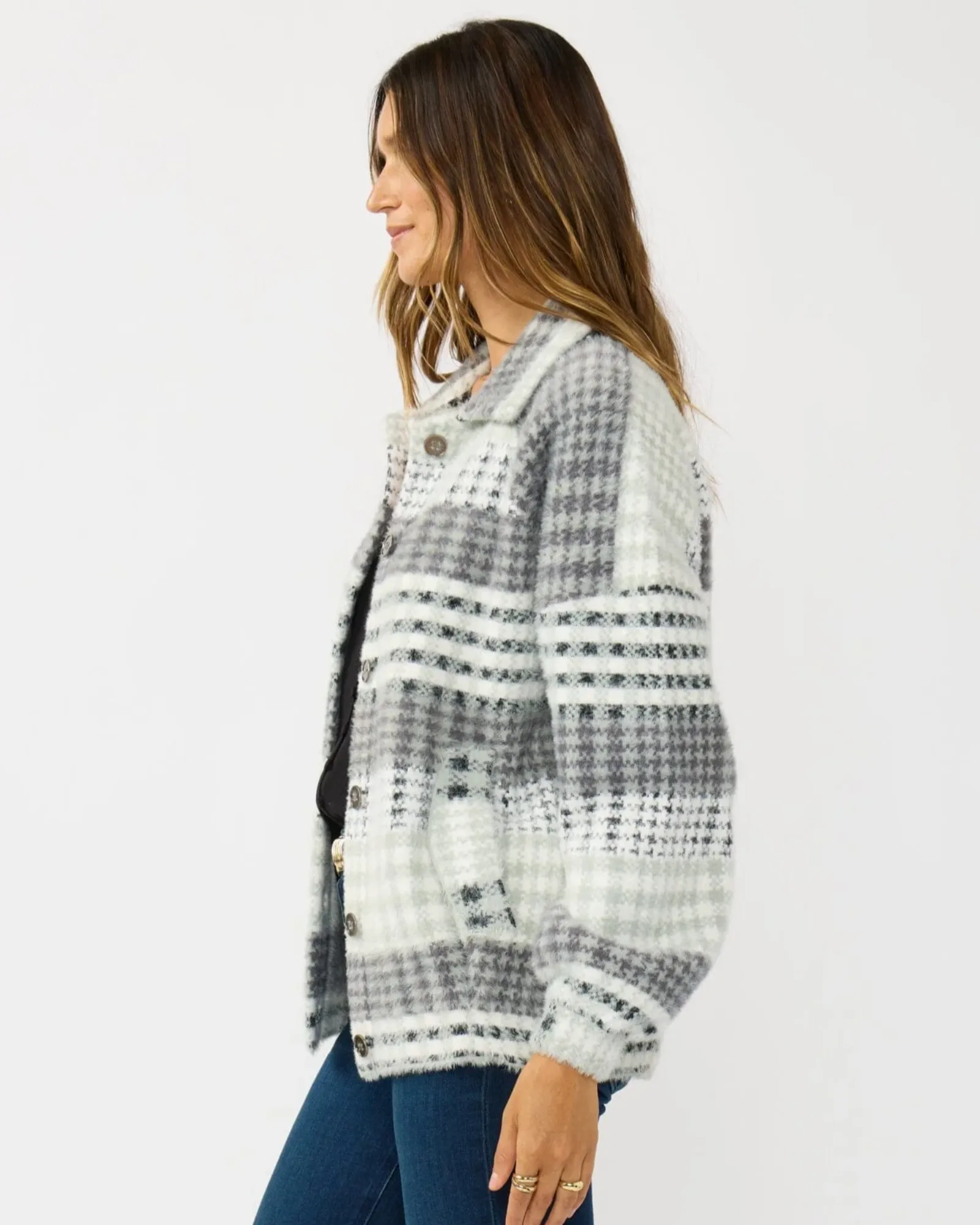 Ashford Fuzzy Plaid Coatigan (Grey + Cream) - Image 2