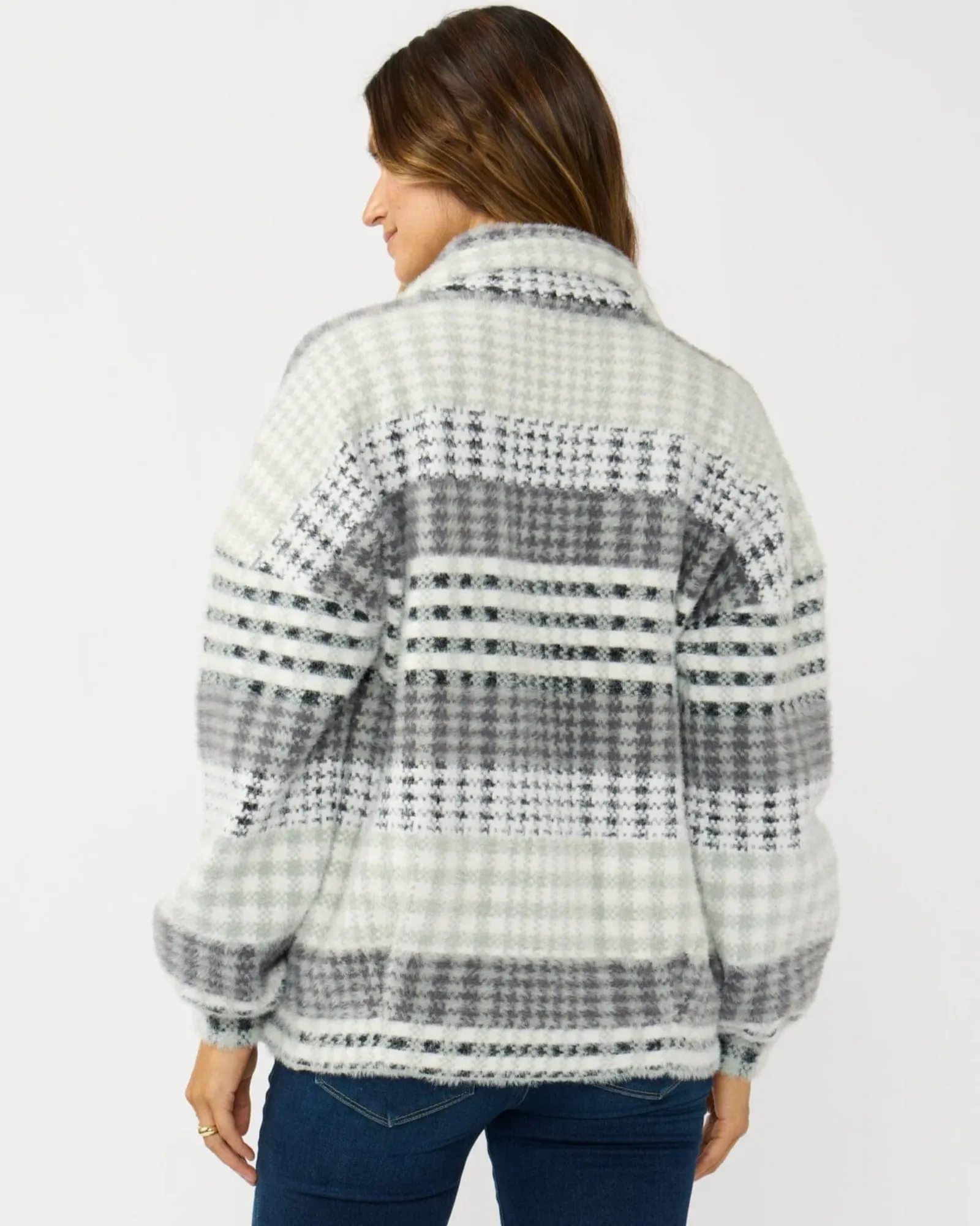 Ashford Fuzzy Plaid Coatigan (Grey + Cream) - Image 3