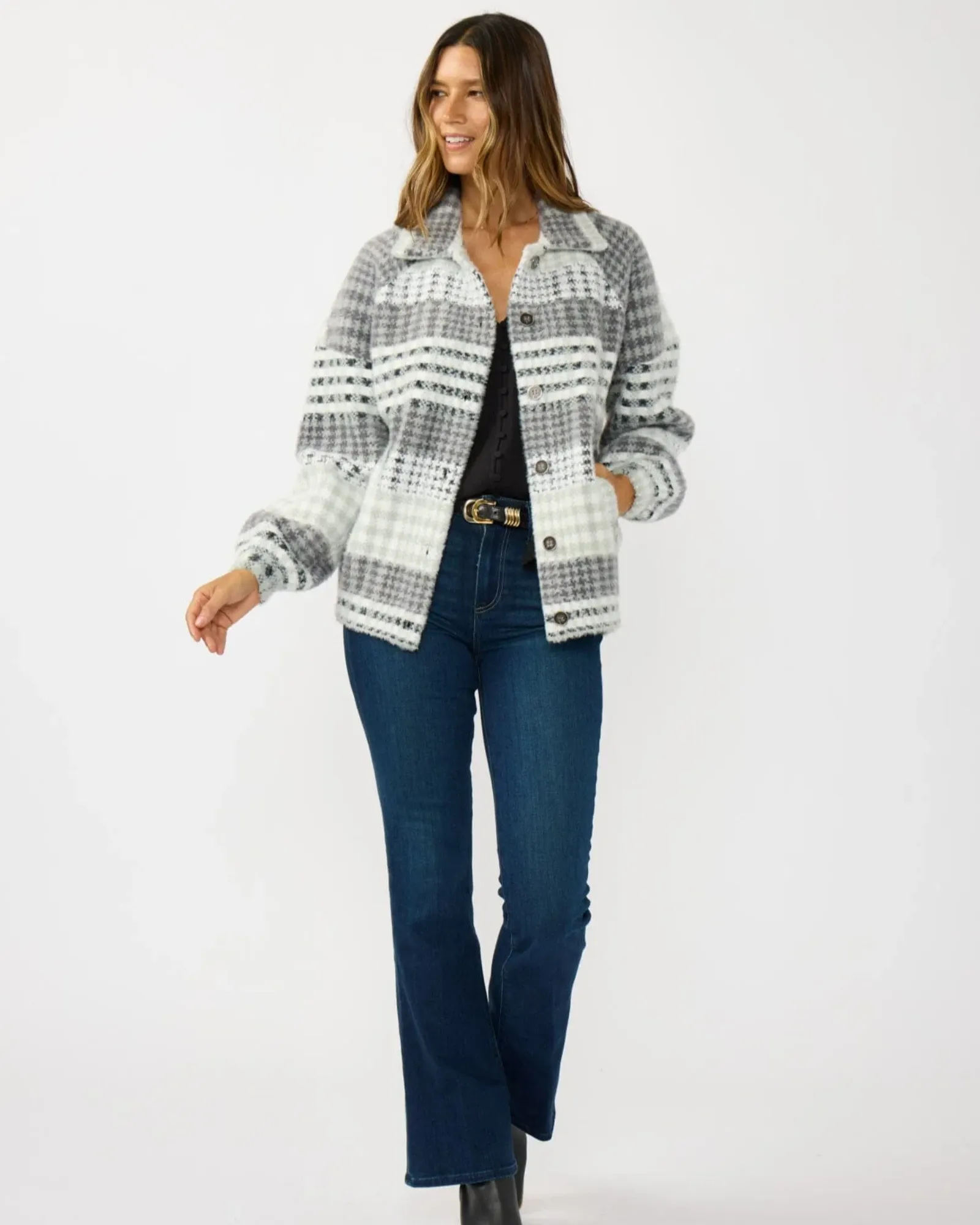Ashford Fuzzy Plaid Coatigan (Grey + Cream) - Image 4