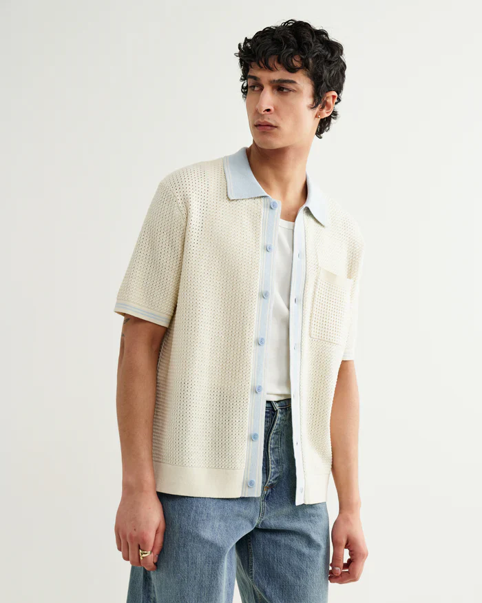 Belle SS Shirt Tipped Pointelle (Ecru + Pale Blue)