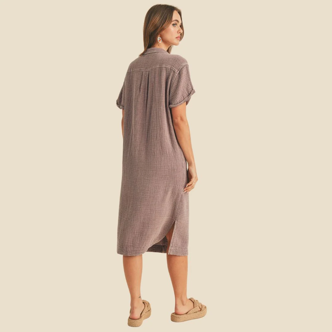 Buttondown Dye and Wash Gauze Shirt Dress (Eggplant) - Image 2