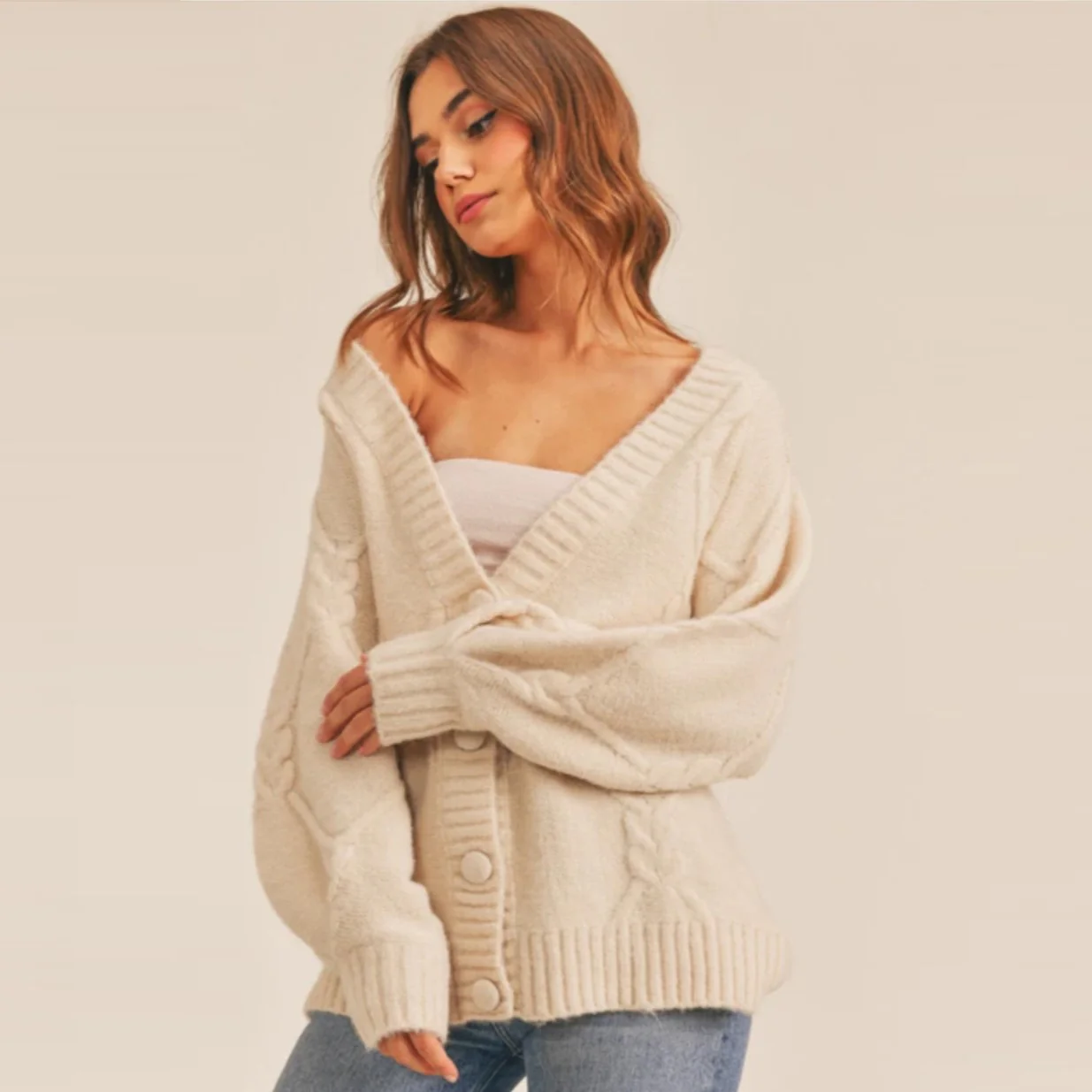 Cable Knit Cardigan Sweater (Cream) - Image 2