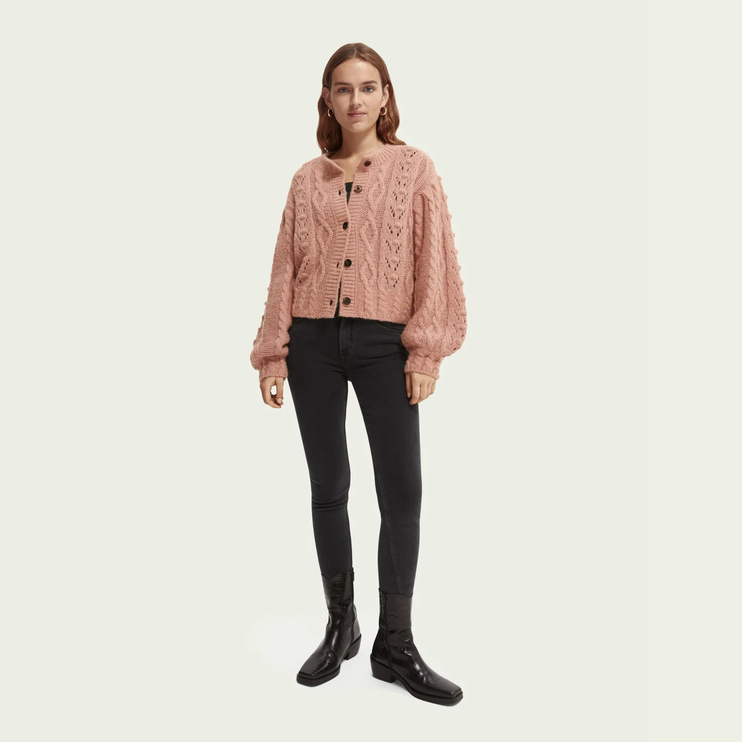 Cable Knit Relaxed Fit Cardigan (Pink Rose Melange) - Image 2