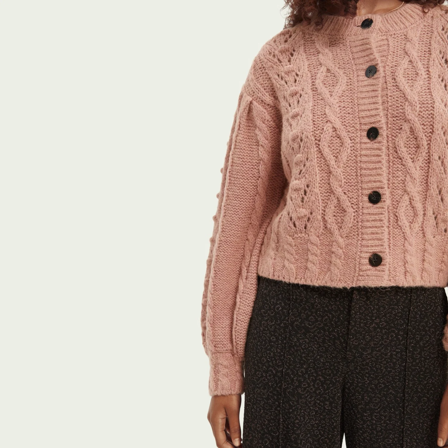 Cable Knit Relaxed Fit Cardigan (Pink Rose Melange) - Image 4