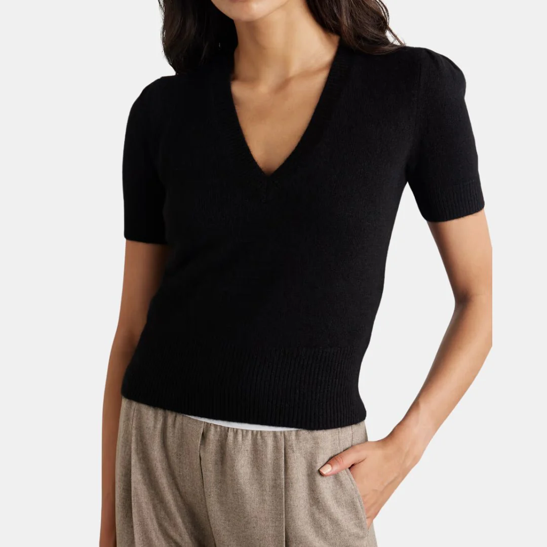 Cashmere Gathered V-Neck Sweater (Black) - Image 2