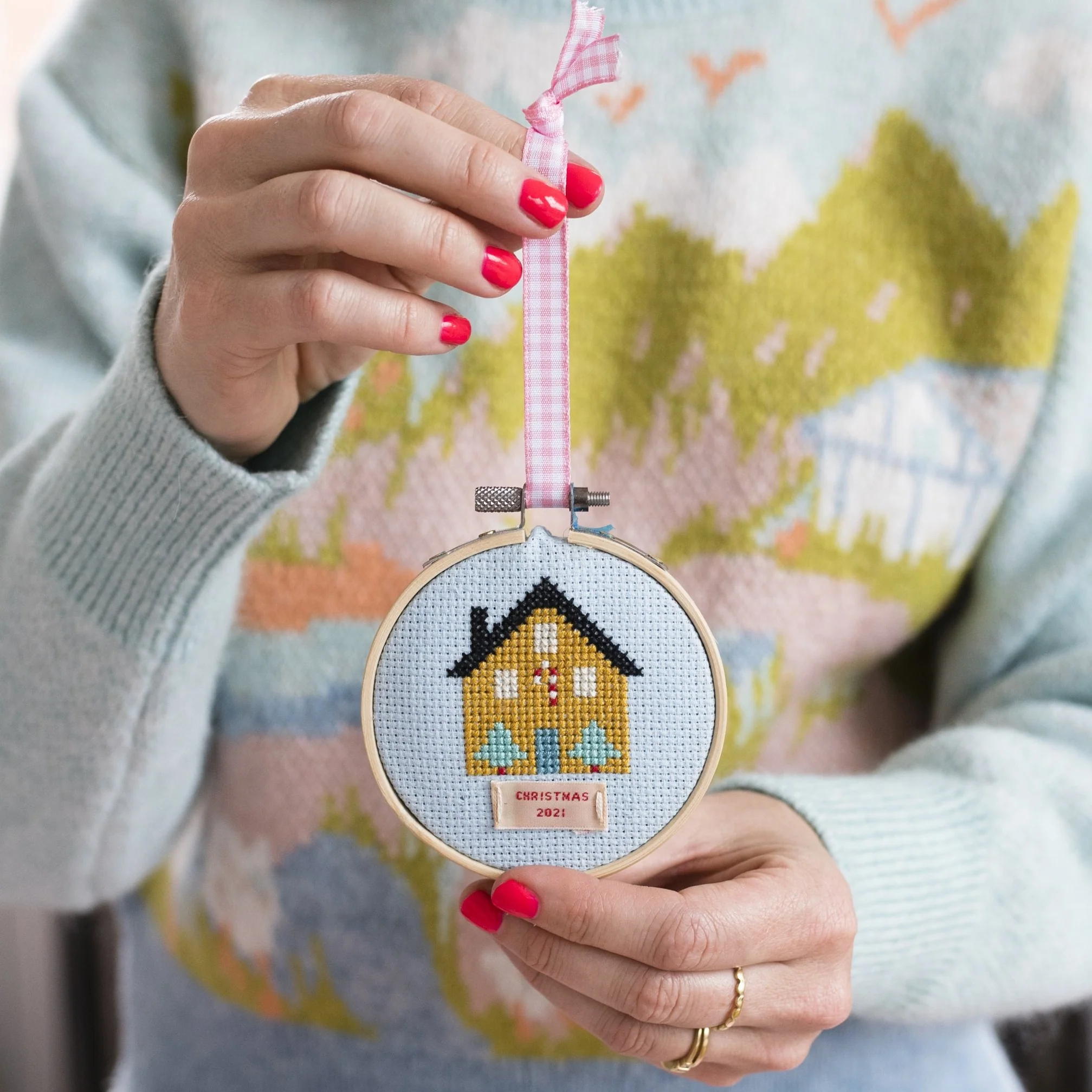 Christmas House Cross Stitch Kit (Multi Colours + Light Blue) - Image 2