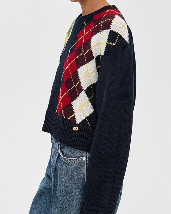 Chunky Wool Mix Argyle Knit Sweater (Sky Captain) - Image 3