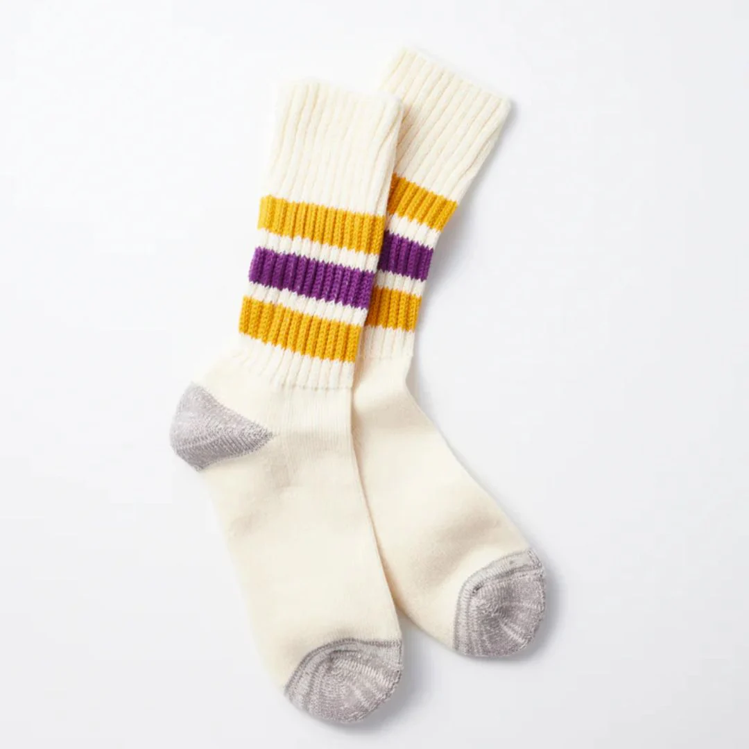 Coarse Ribbed Oldschool Crew Socks (Yellow + Purple)