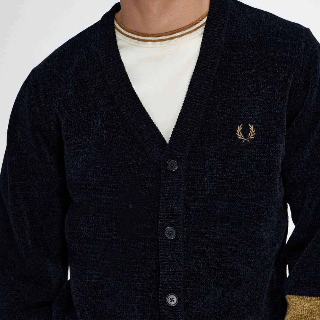 Colour Block Chenille Cardigan (Black) - Image 3
