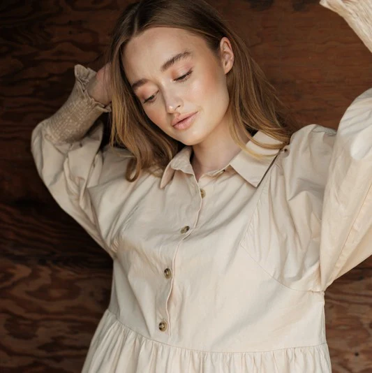 Long Sleeve Baby Doll Dress (Taupe) - Image 2