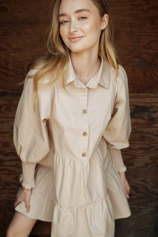Long Sleeve Baby Doll Dress (Taupe) - Image 3
