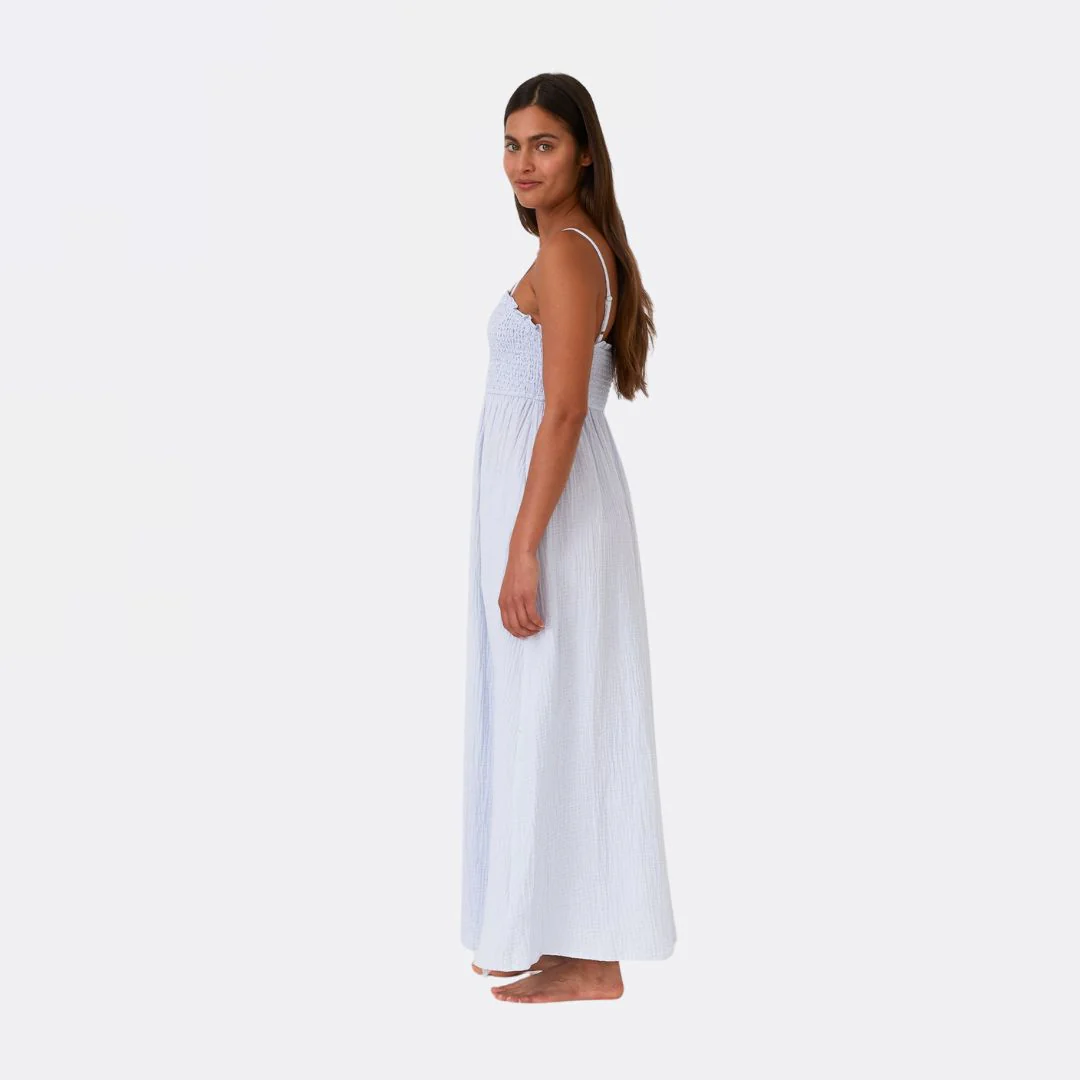 Cotton Button Front Smocked Sleeveless Maxi Dress (Dusty Blue) - Image 3