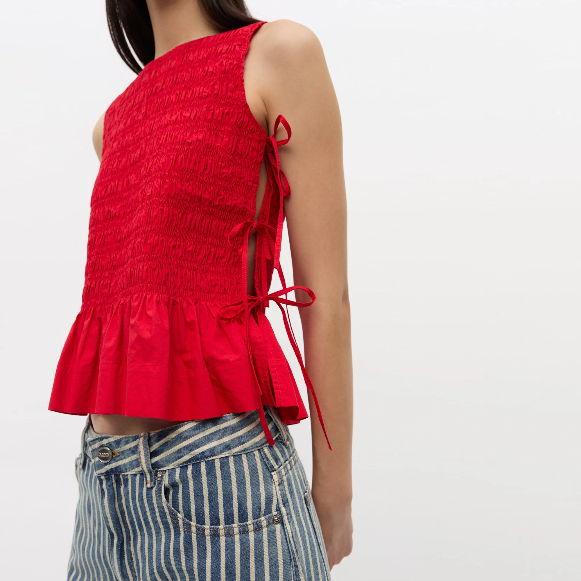 Cotton Poplin Smock Tie String Top (Racing Red) - Image 4