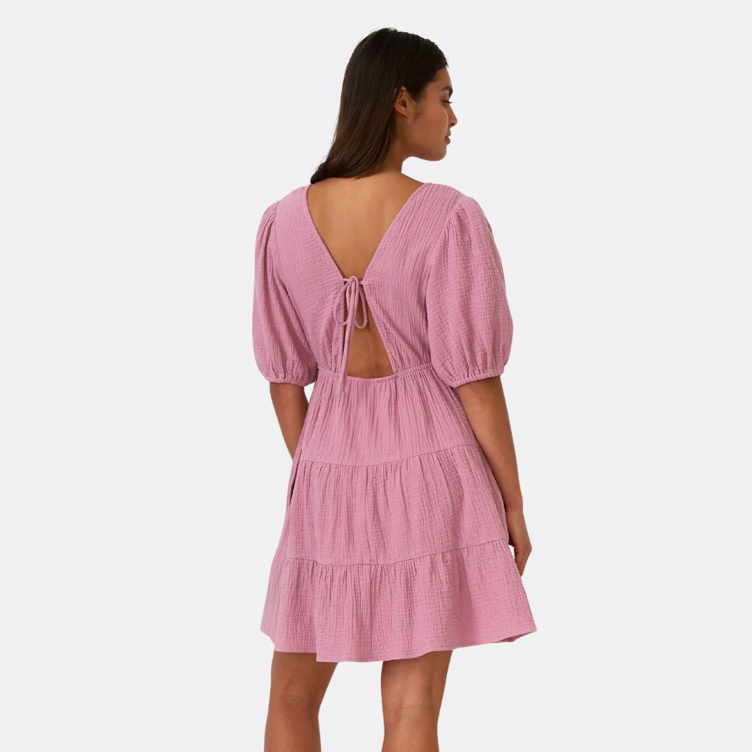 Cotton Puff Sleeve V Neck Tiered Mini Dress (Orchid) - Image 3