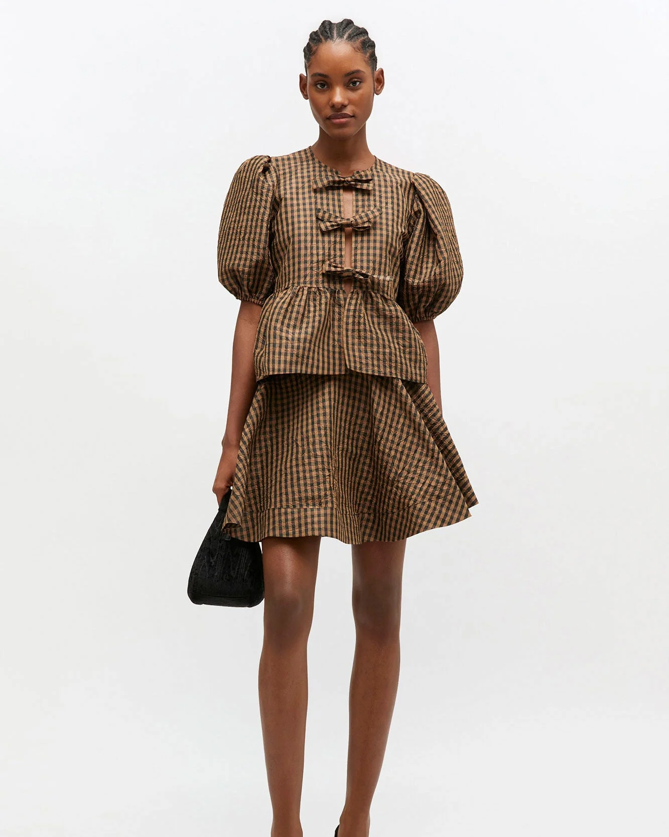 Crinkled Check Mini Circle Skirt (Tobacco Brown)