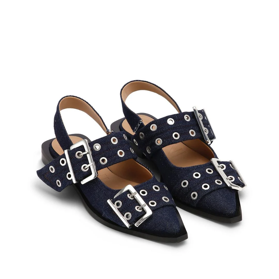 Denim Feminine Buckle Ballerinas (Dark Navy) - Image 2