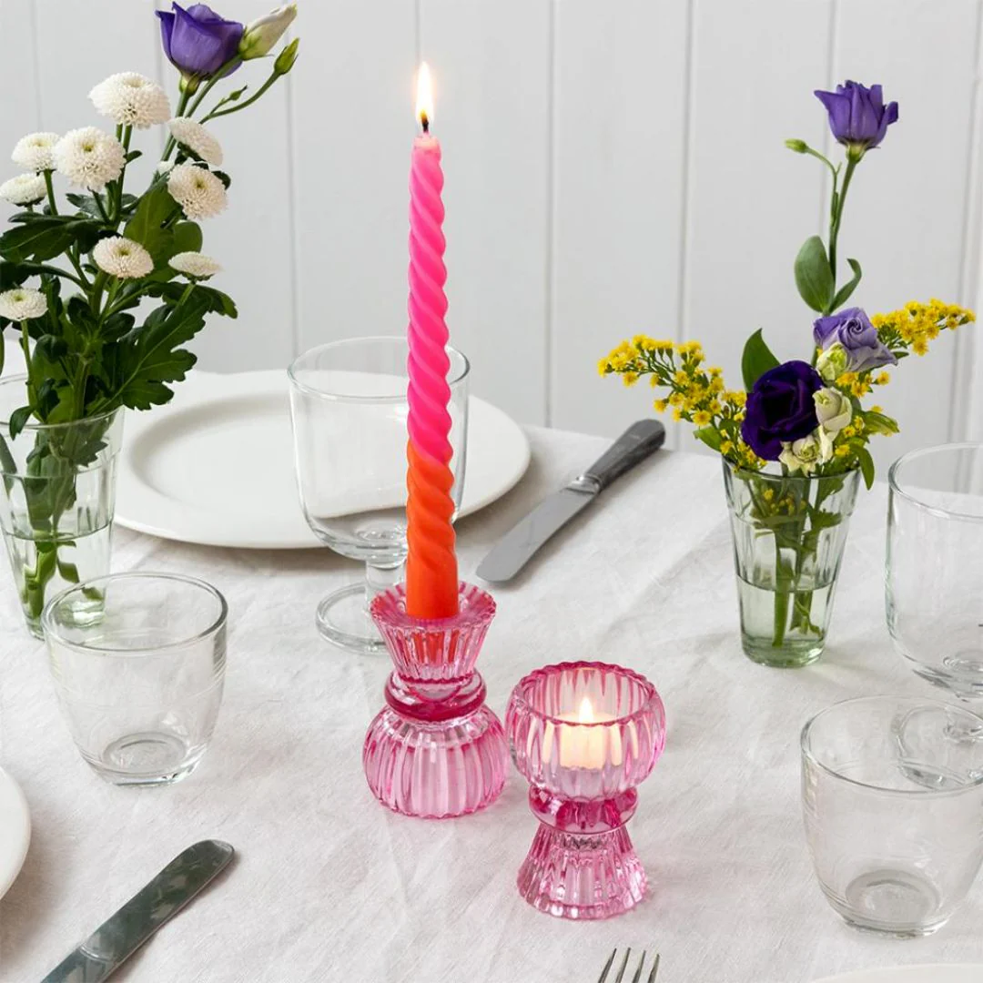 Double Ended Pink Glass Candle Holder - Image 3