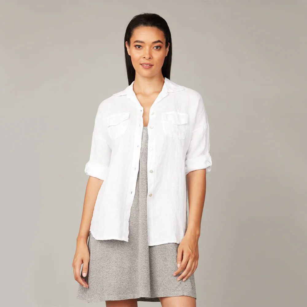 Double Pocket Linen Blouse (White)