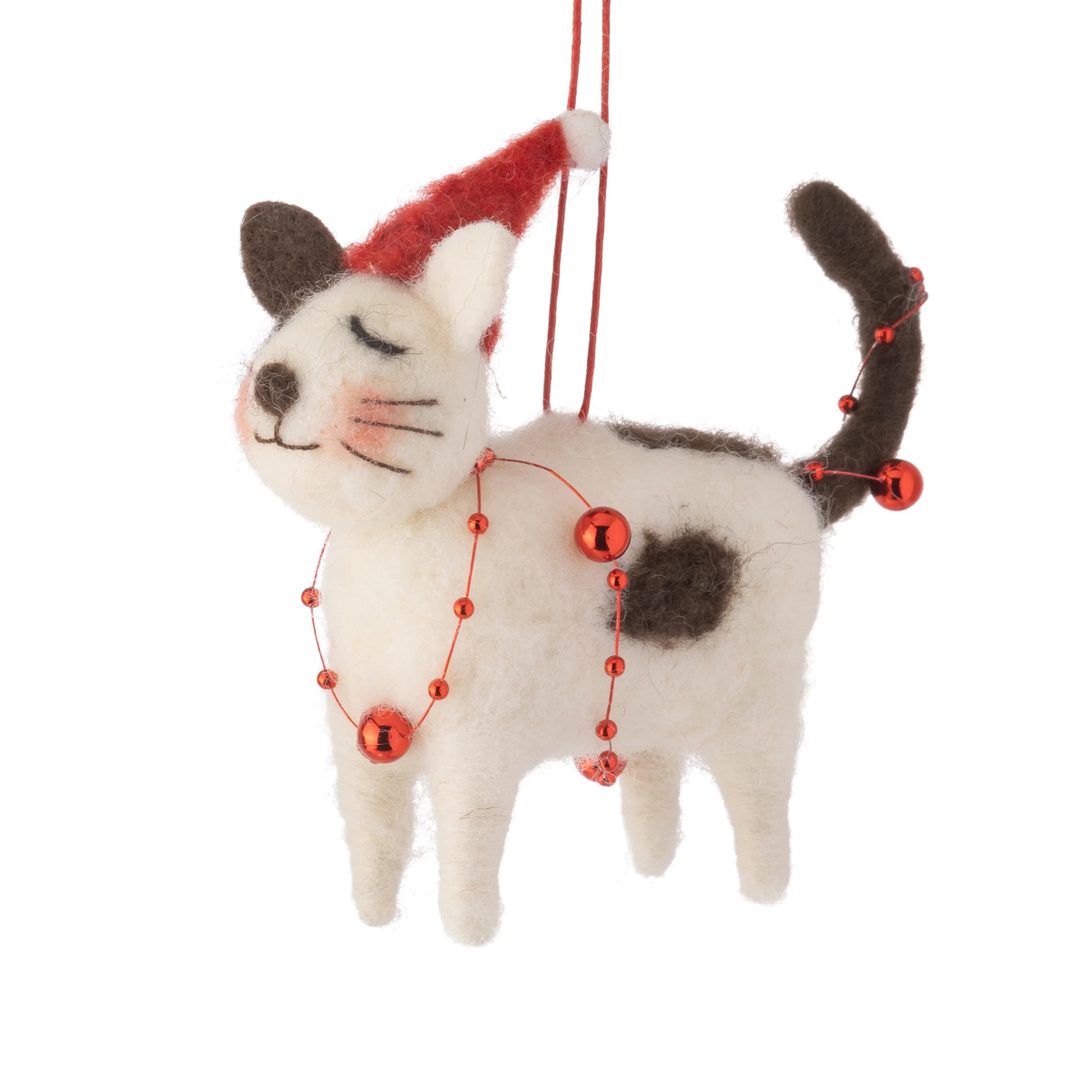 Felt Cat with Red Garland Ornament
