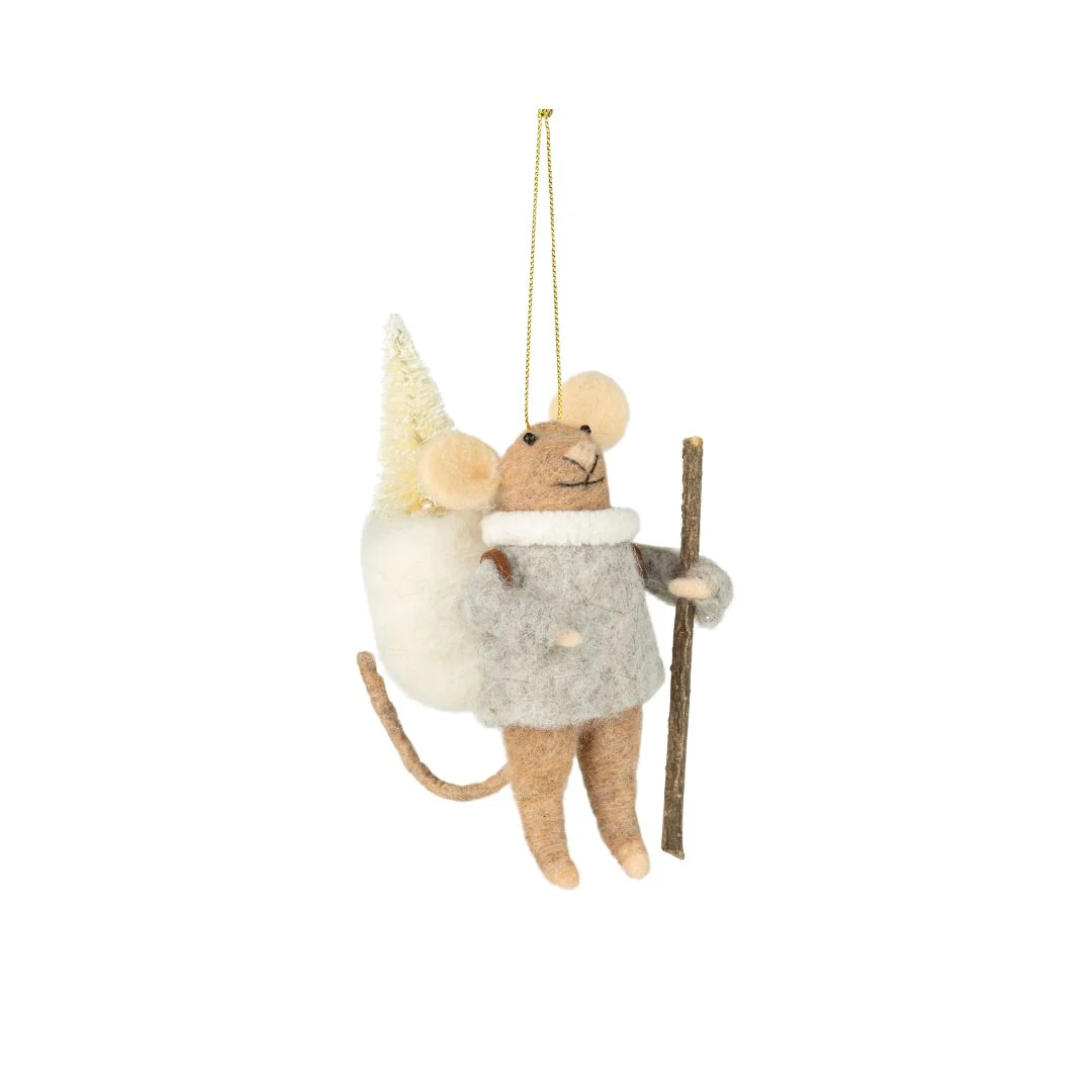 Felt Hiking Mouse Ornament (white)