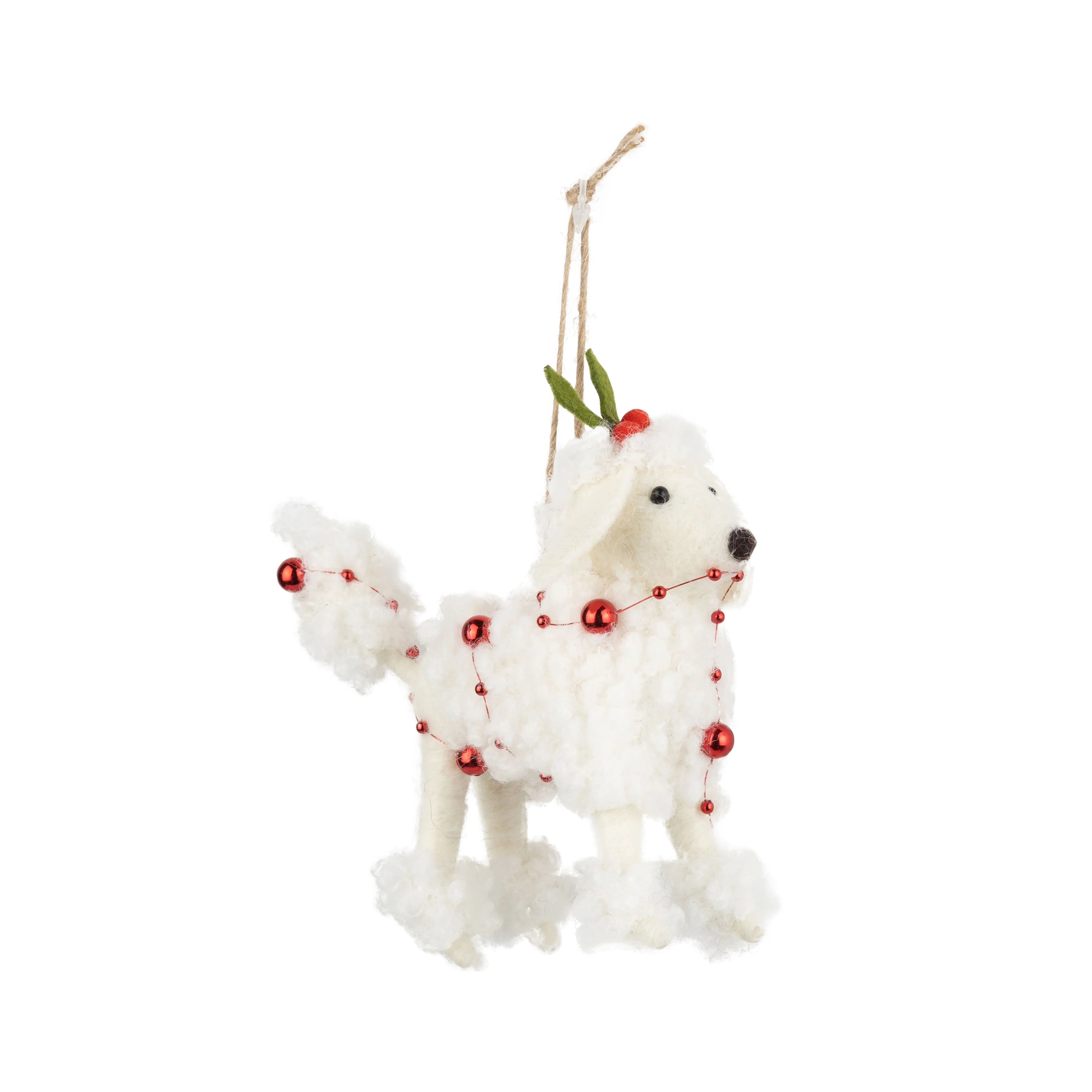 Felt White Poodle Wrapped in Red Lights Ornament