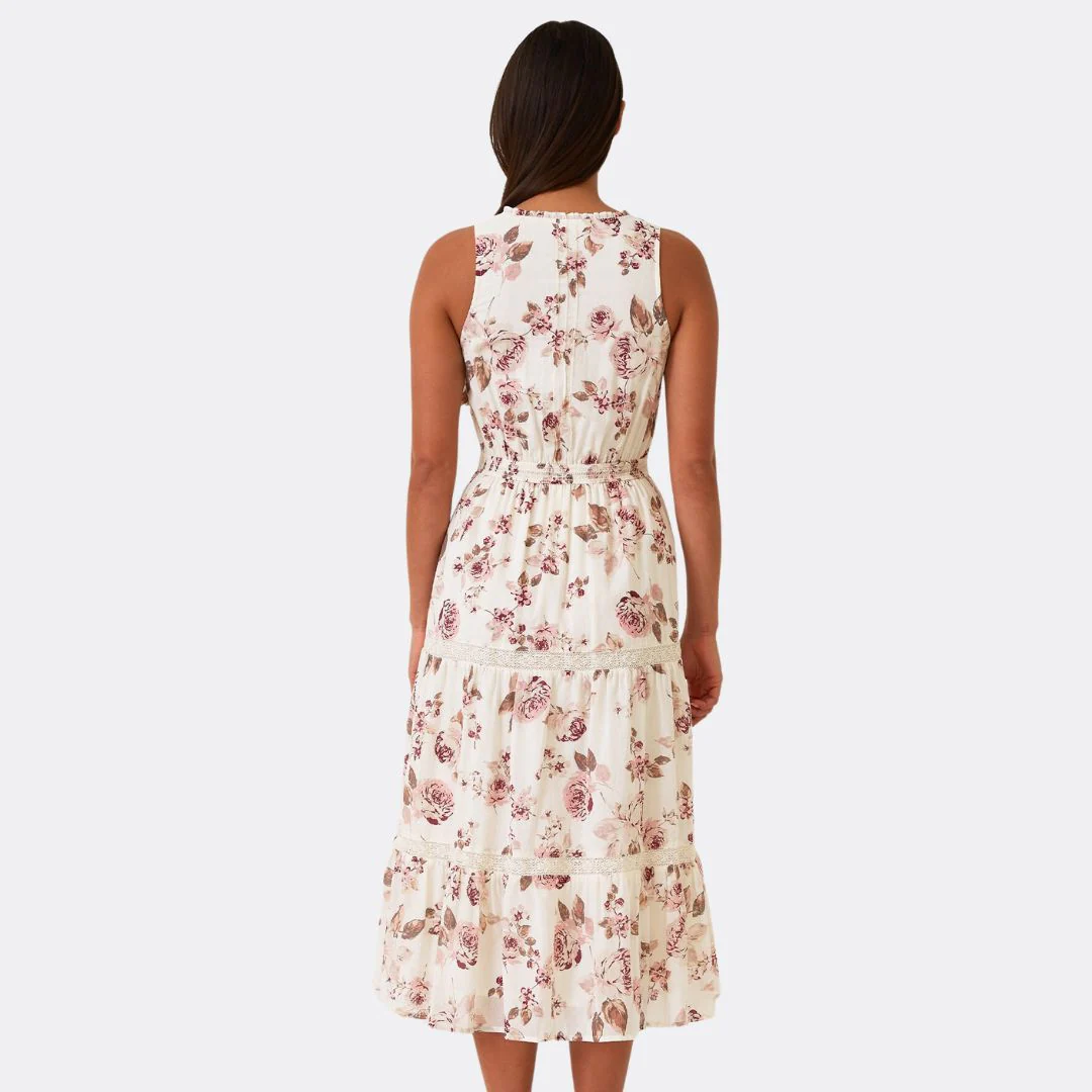 Floral Lace Sleeveless Tiered Midi Dress (Natural + Dusty Wine) - Image 2