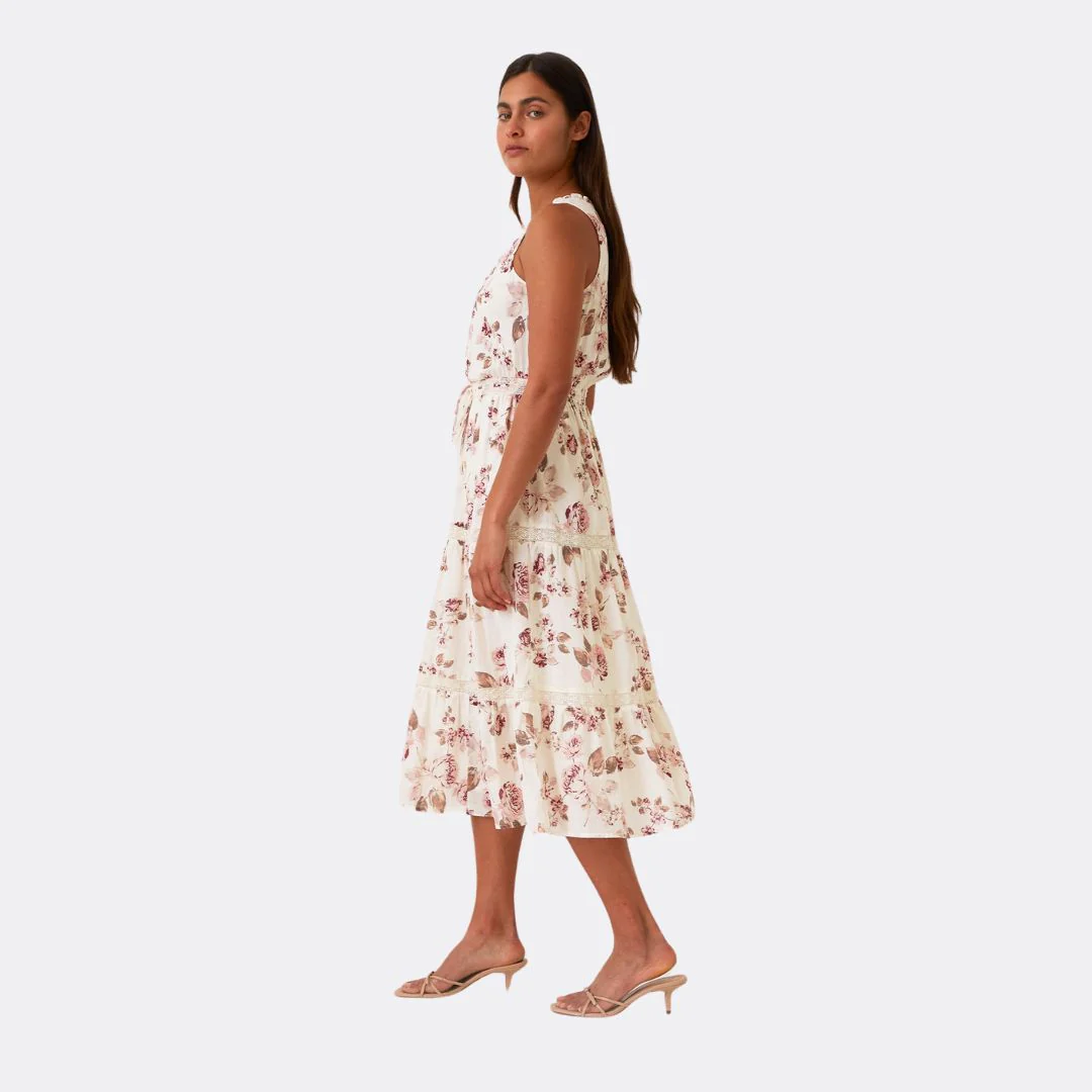 Floral Lace Sleeveless Tiered Midi Dress (Natural + Dusty Wine) - Image 3