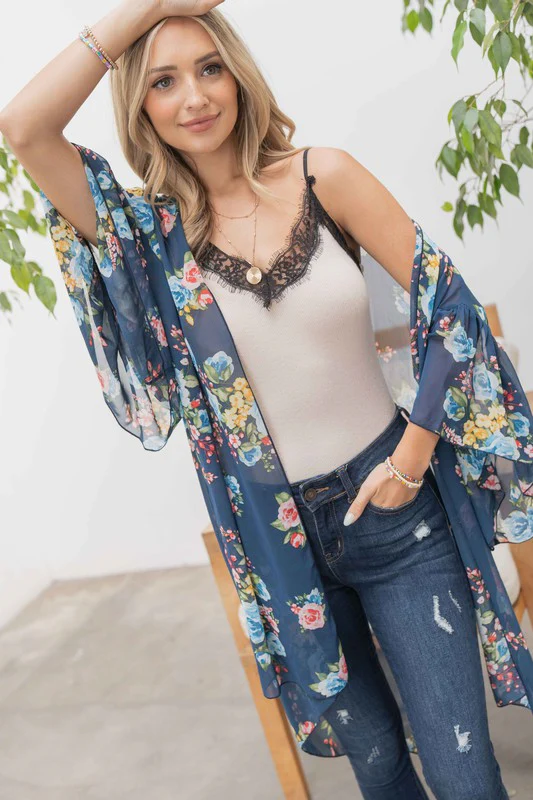 Floral Print Kimono Cardigan (Navy) - Image 2