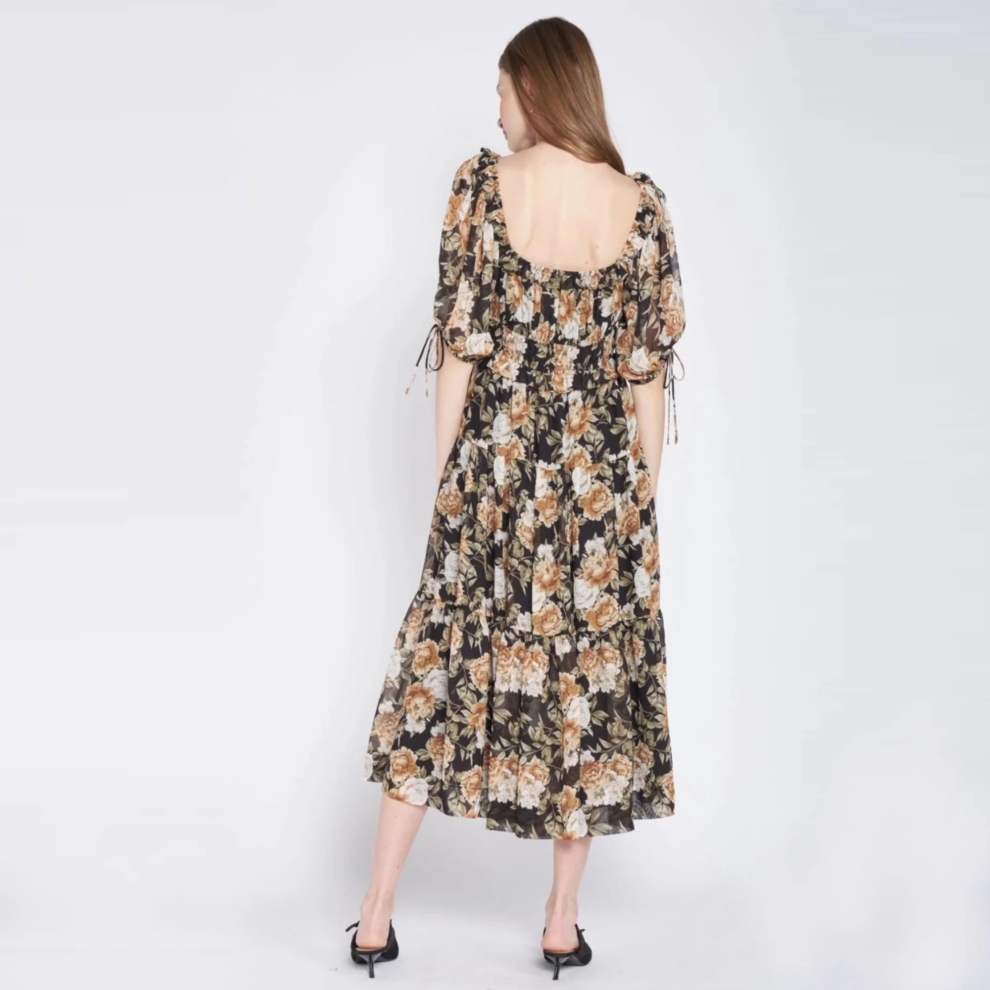 Floral Print Tiered Midi Dress (Black) - Image 3