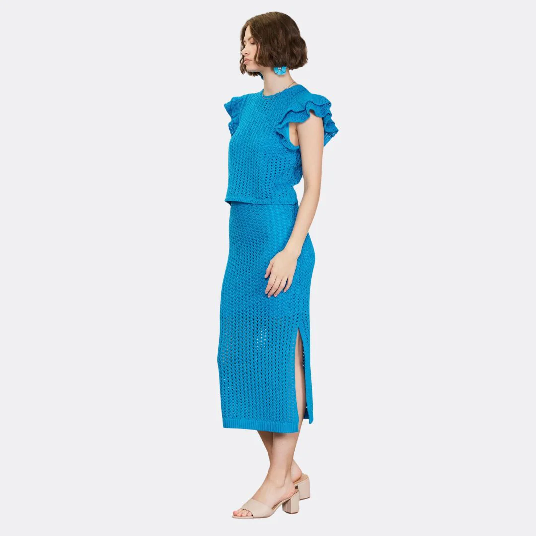 Flutter Sleeve Crochet Sweater (Turquoise) - Image 3