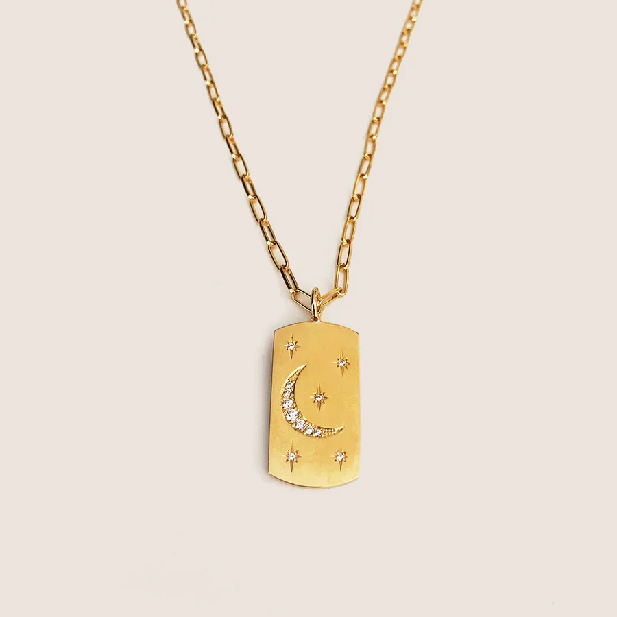 Fly Me To The Moon Dog Tag with Paperclip Chain (22k Gold Vermeil)