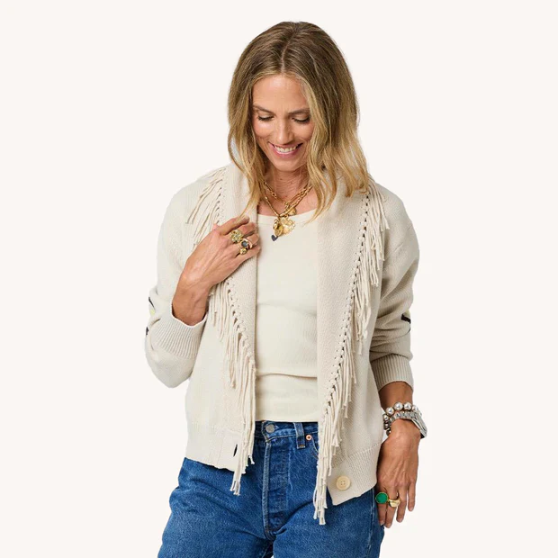 Fringe Shawl Collar Cardigan (Chalk)