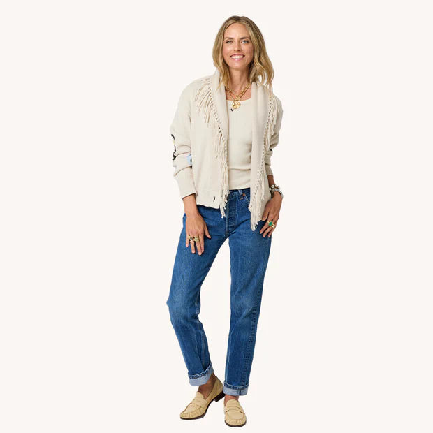 Fringe Shawl Collar Cardigan (Chalk) - Image 2