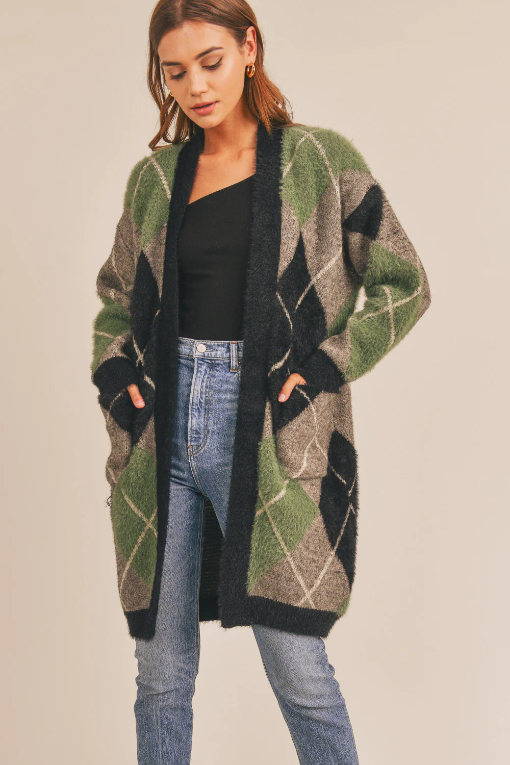 Fuzzy Plaid Jacquard Cardigan (Green Multi) - Image 3