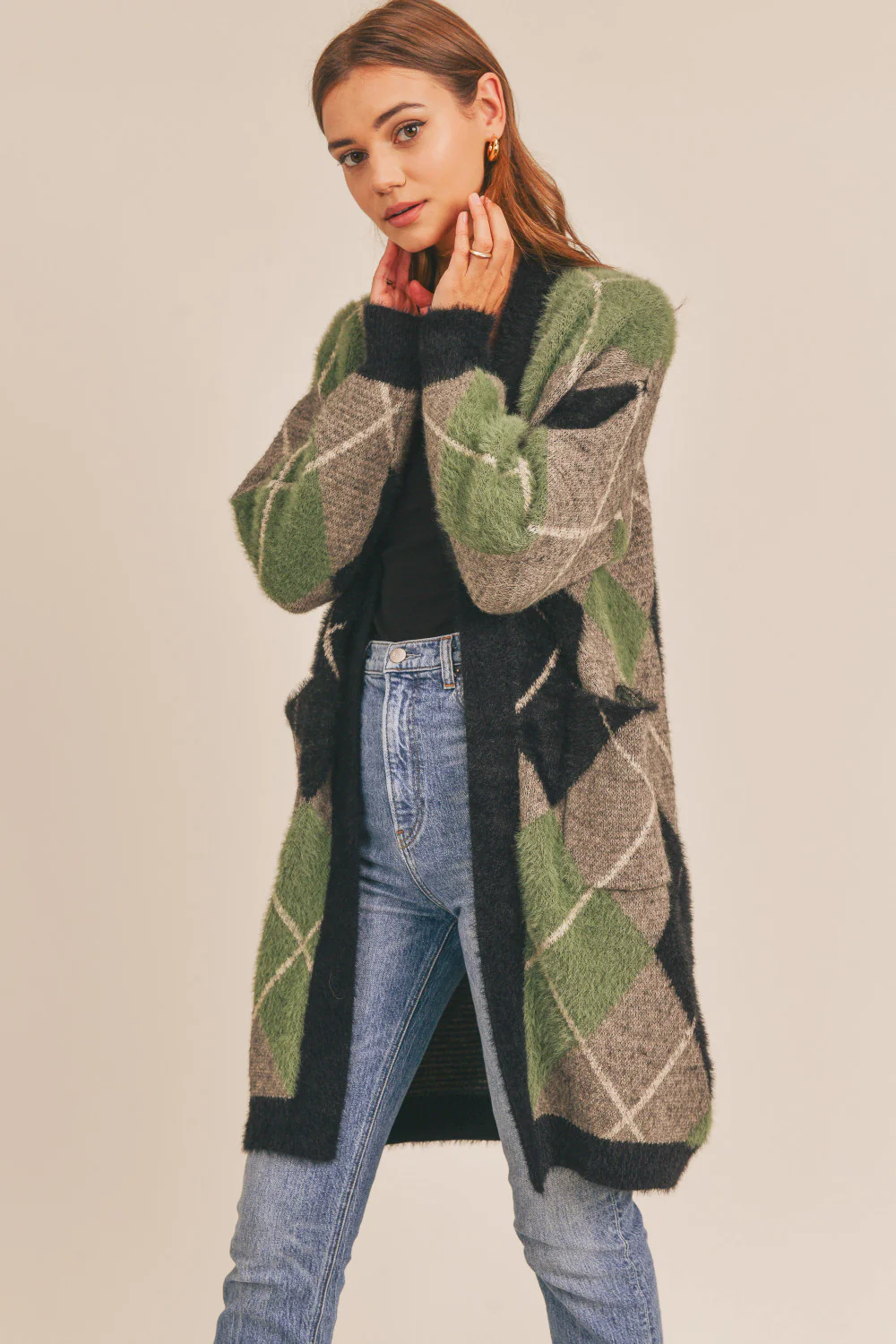 Fuzzy Plaid Jacquard Cardigan (Green Multi) - Image 4