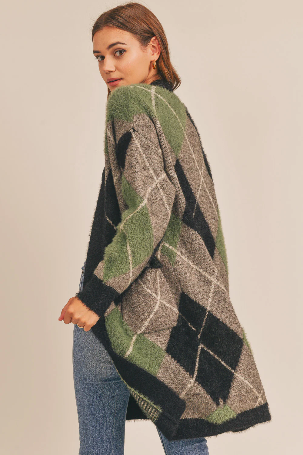 Fuzzy Plaid Jacquard Cardigan (Green Multi) - Image 5