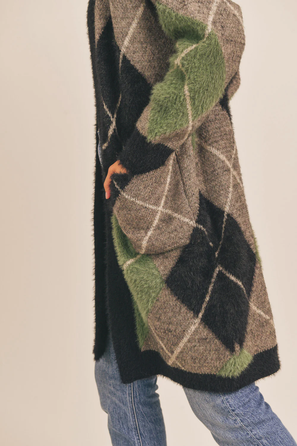 Fuzzy Plaid Jacquard Cardigan (Green Multi) - Image 6