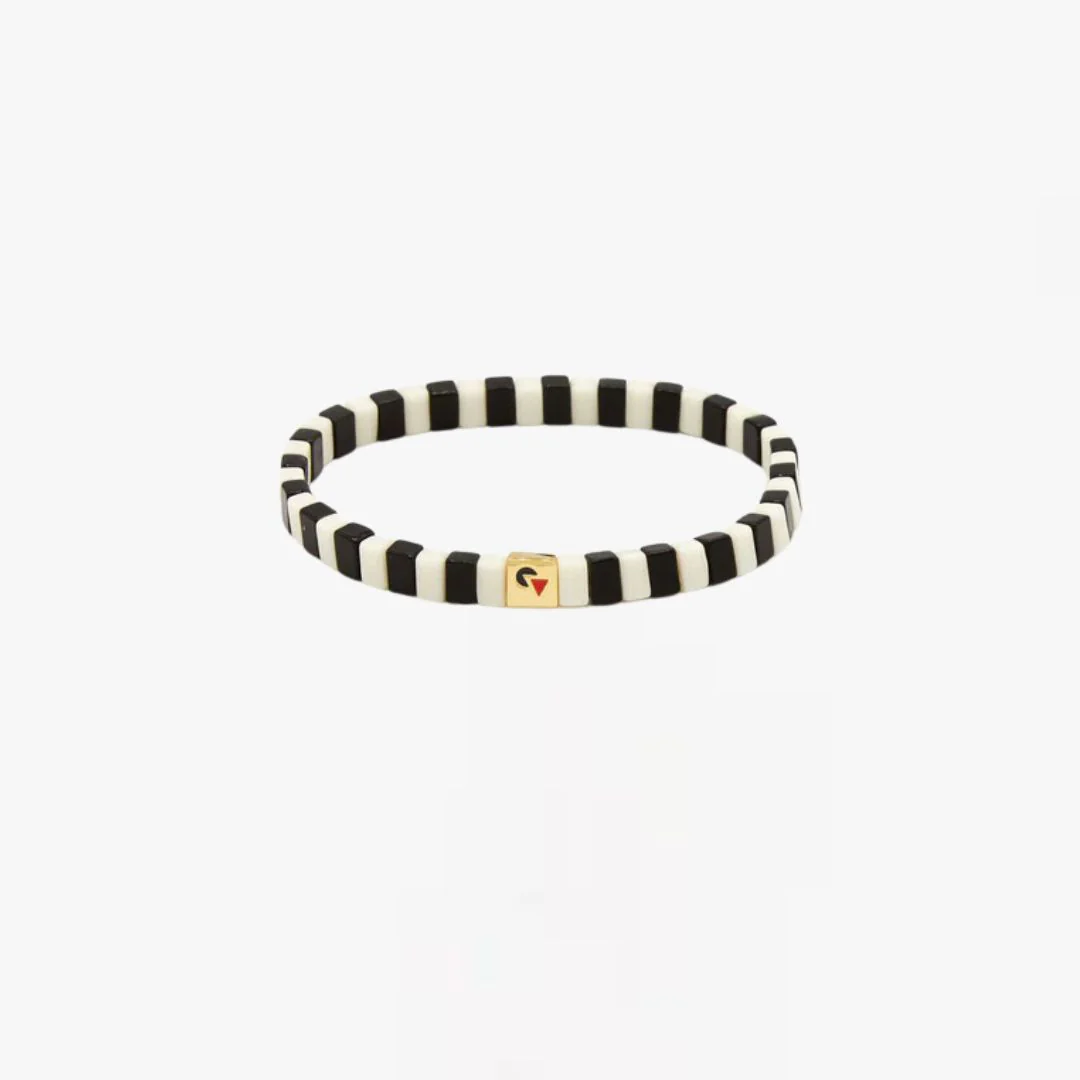 Glass Beaded Stretch Bracelet (Black + Cream + Gold)