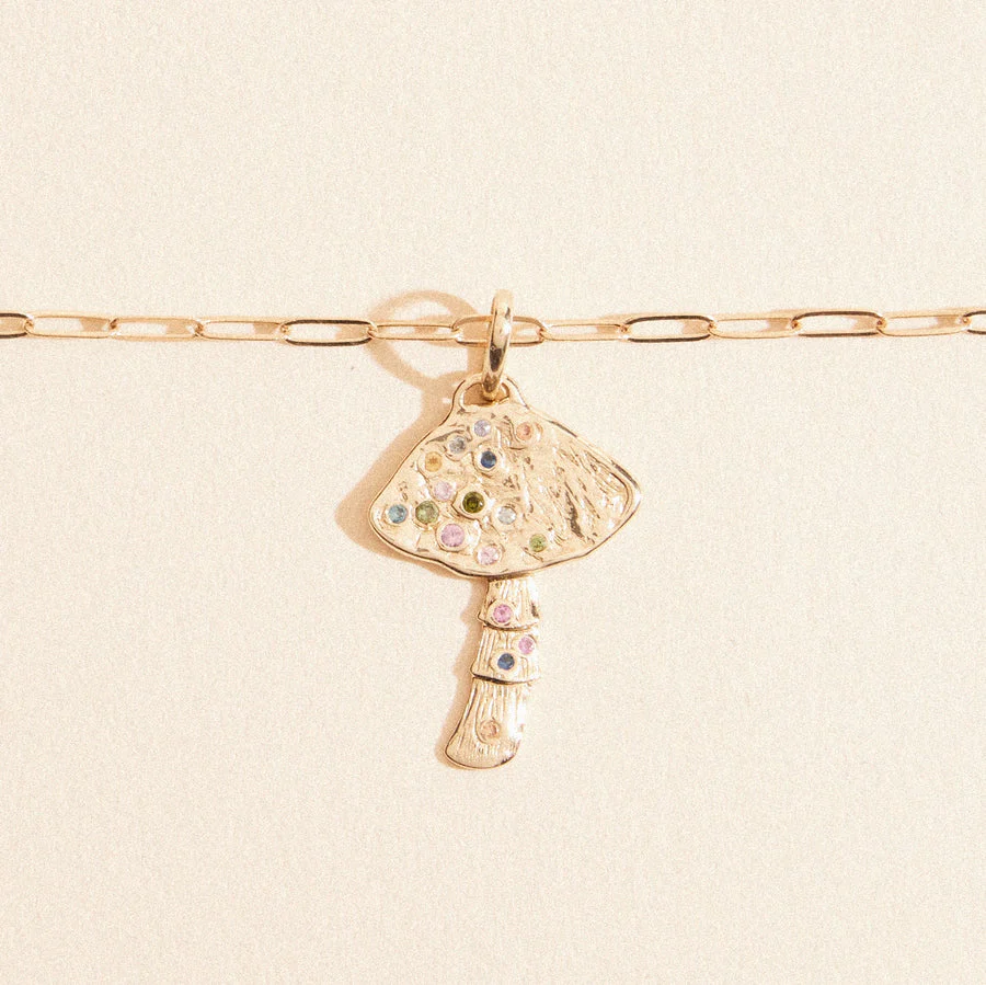 Golden Journey Mushroom Charm (10K Gold + Multi Sapphire) - Image 3