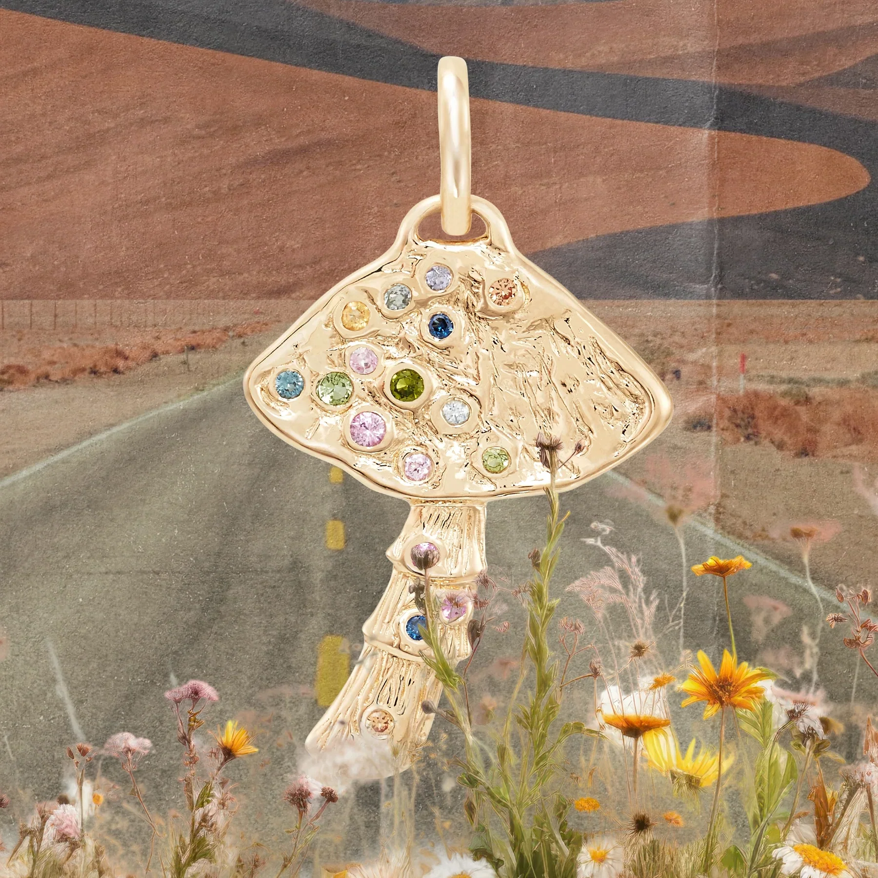Golden Journey Mushroom Charm (10K Gold + Multi Sapphire) - Image 6