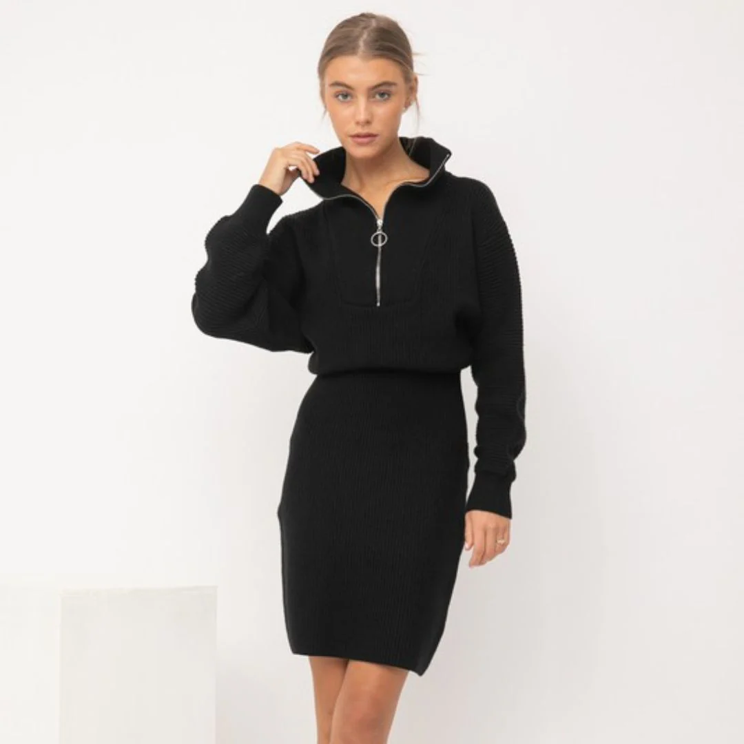 Half Zip Up Sweater Dress (Black)