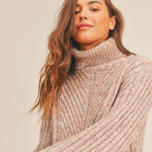 High Neck Balloon Sleeve Sweater Dress (Multi Colour + Cream) - Image 2