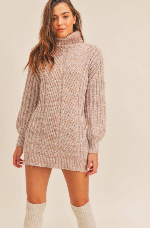 High Neck Balloon Sleeve Sweater Dress (Multi Colour + Cream) - Image 3