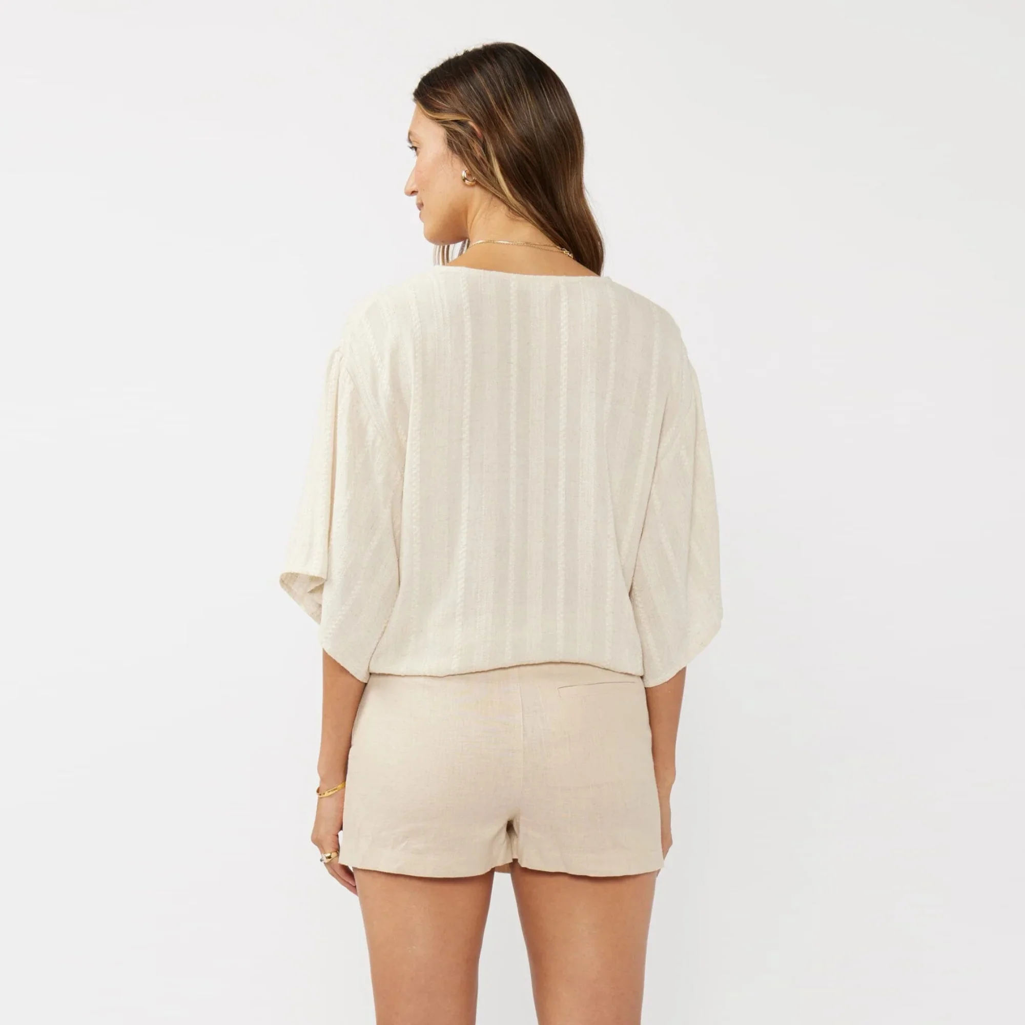 Jacquard Linen V-Neck Tie Front Blouse (Natural) - Image 3
